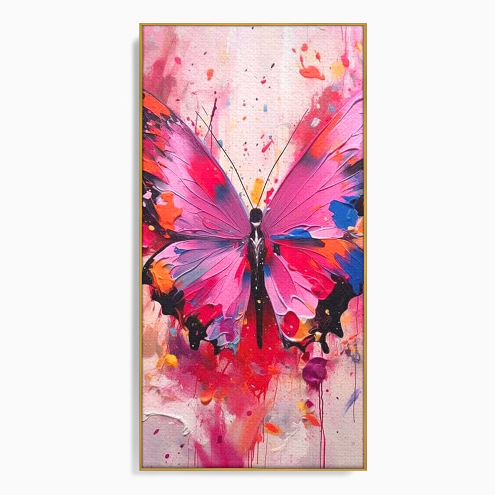 Tablou canvas cu pictura digitala cu fluture roz, in rama de aluminiu auriu